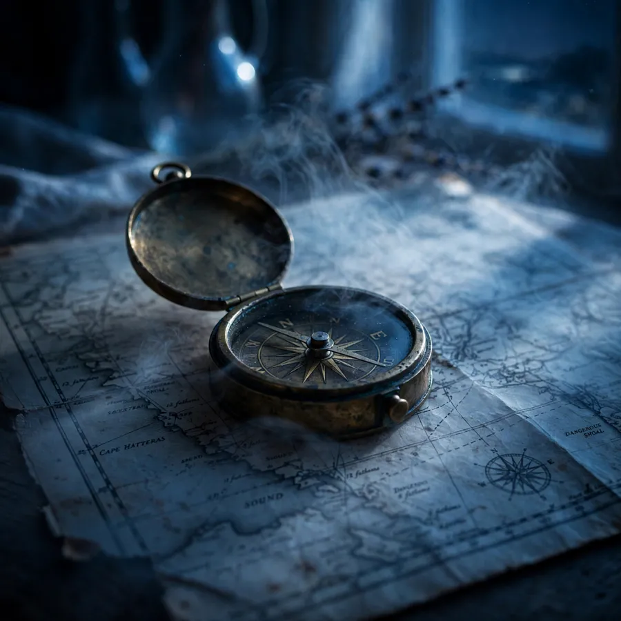 The same compass and map, now lit by cold blue moonlight with mist drifting across the scene.