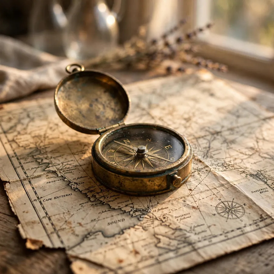 A brass compass open on an antique nautical map, lit by warm afternoon window light.