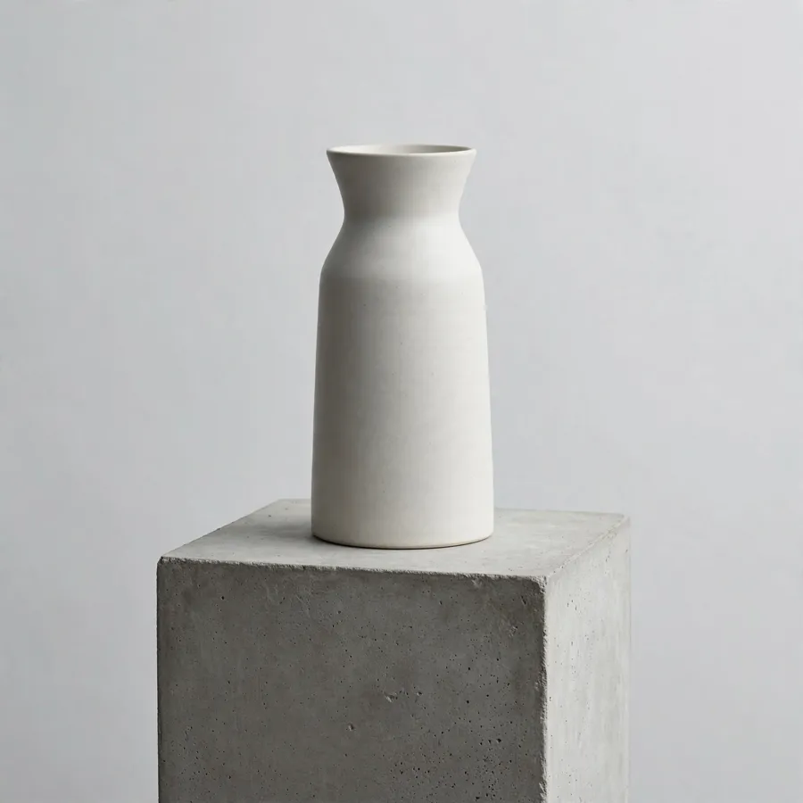 A slim white ceramic vase standing on a concrete pedestal against a pale grey background.