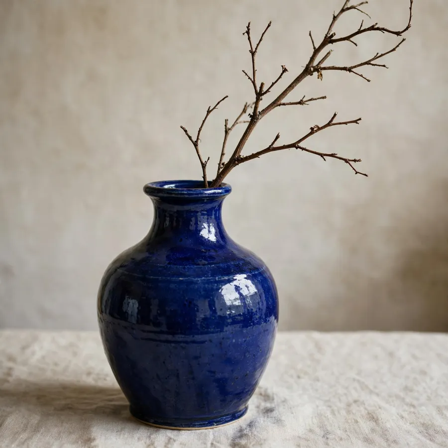A rounded deep cobalt blue glazed vase holding a bare dried branch, on linen against a warm beige wall.