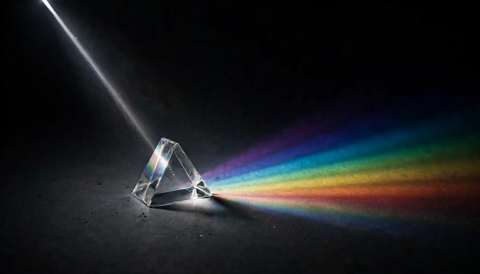 A glass prism on a dark surface splitting a beam of white light into a rainbow spectrum — generated by this MCP server.